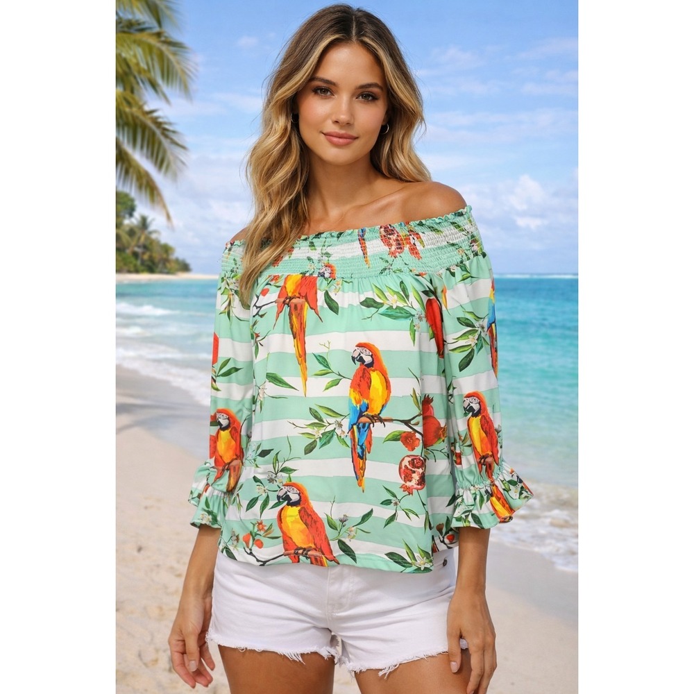 BOSTON PROPER Women's XXS Stripe Off Shoulder Boho Blouse Tropical -3017